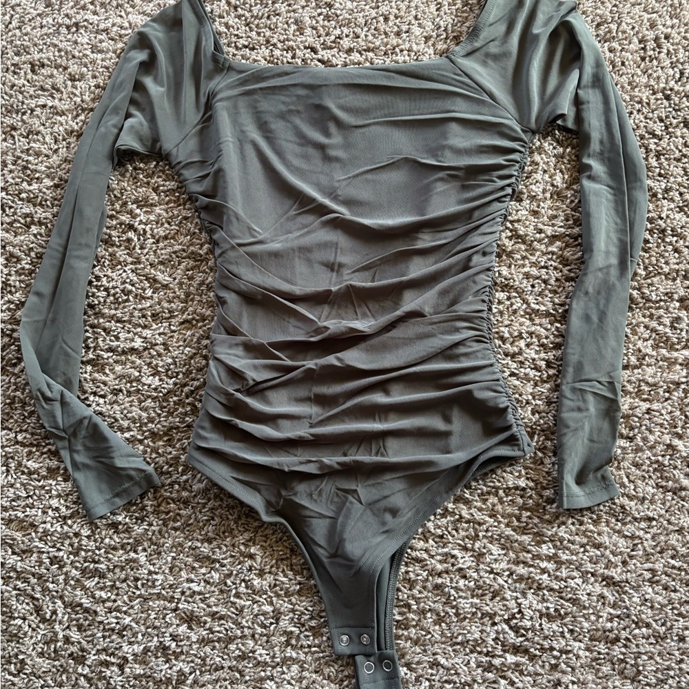 Olive Green Ruched Long Sleeve Bodysuit